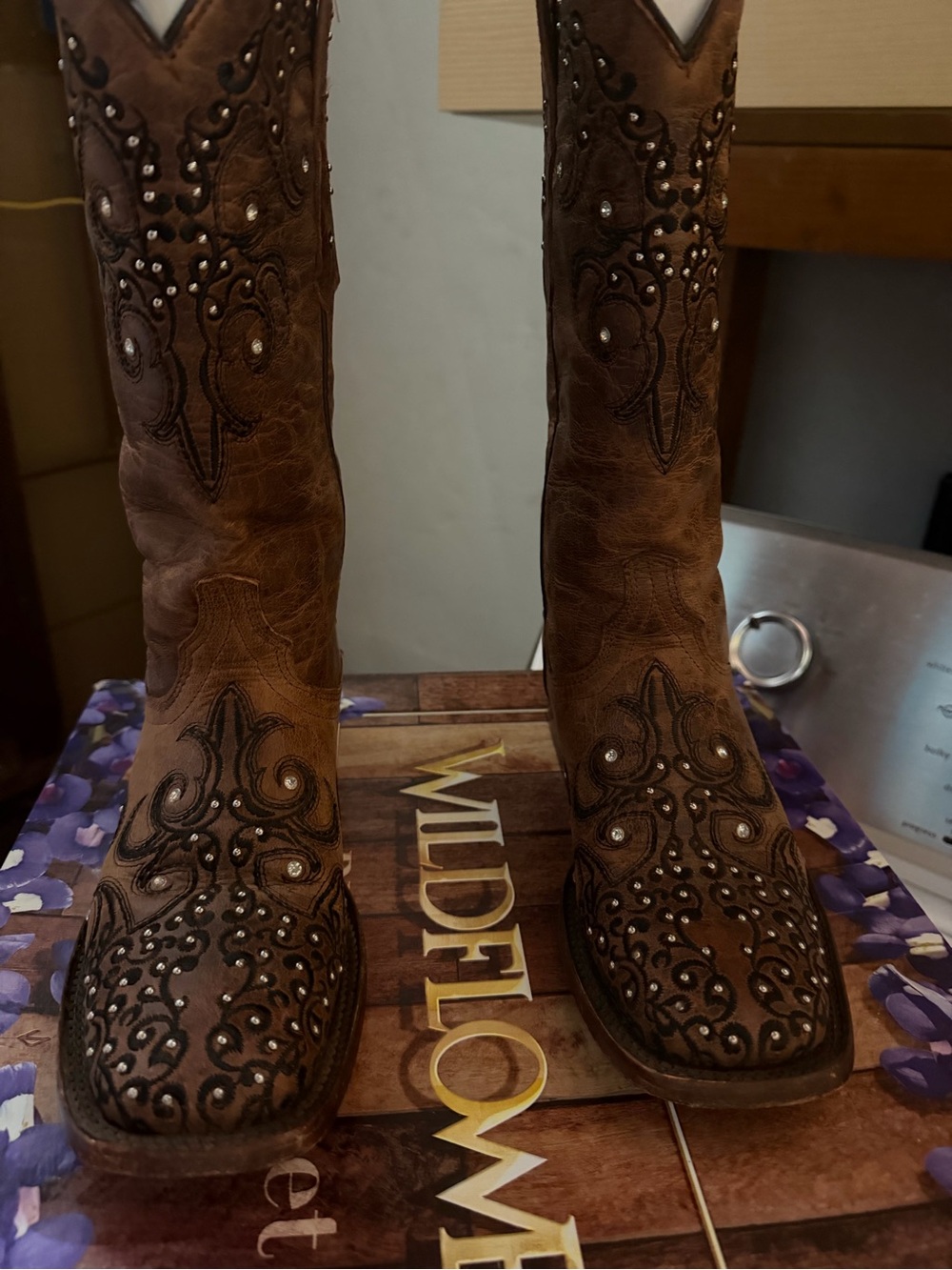 Wildflowers Brown Embroidered Studded Knee-High Western Boots